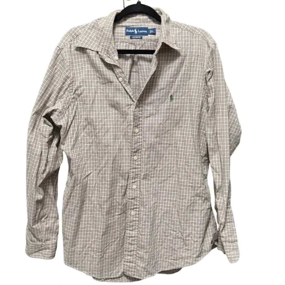 Ralph Lauren Custom Fit Olive Green‎ Plaid Button Down Shirt L Preppy Classic